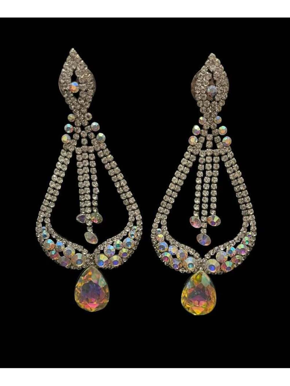 Aurora Borealis Rhinestone Chandelier Clip On Earrings